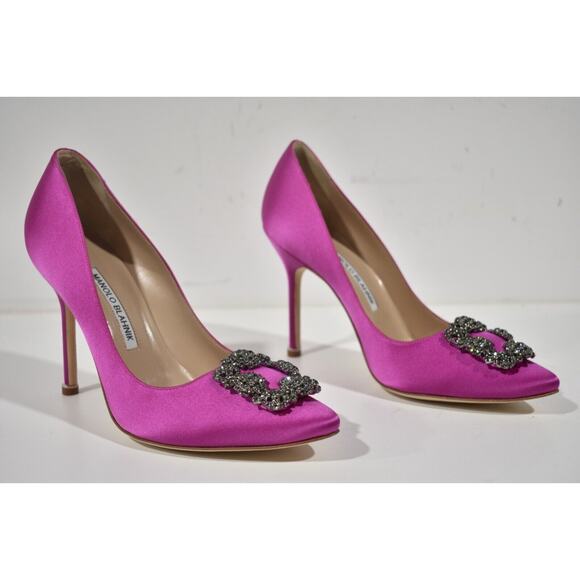 Manolo Blahnik Hangisi 105 Purple Pink Satin Crystal Jewel Buckle Heel Pump 38 - Picture 4 of 13
